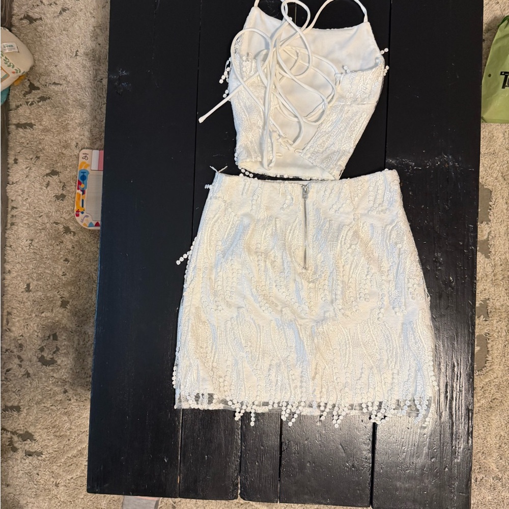 Lulus Dancing In A Dream White Fringe Lace-up Two-piece Mini Dress - Size XS - Picture 3 of 4